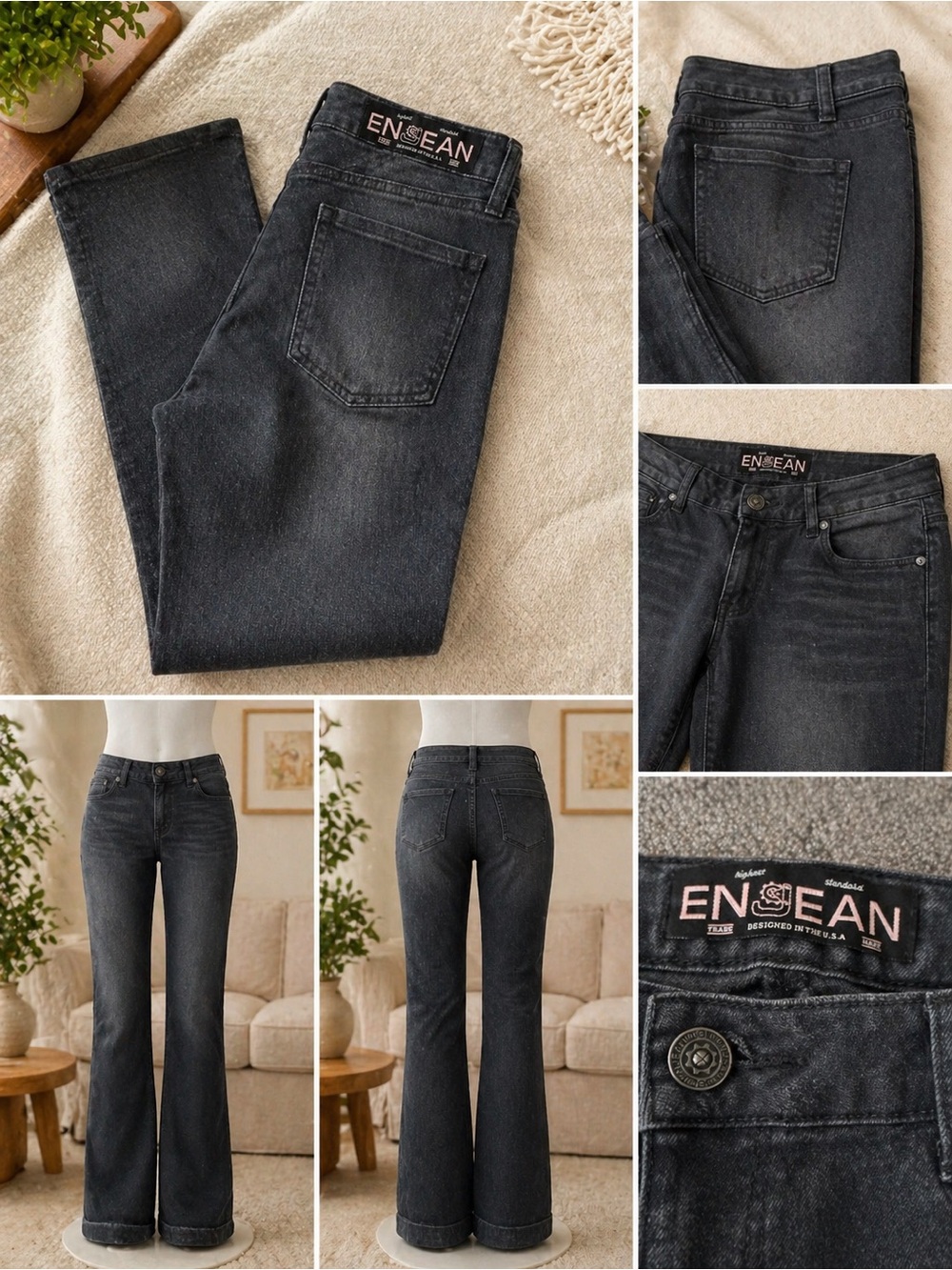 ENSEAN Black Wash Bootcut Jeans Women’s Faded Stretch Denim Y2K